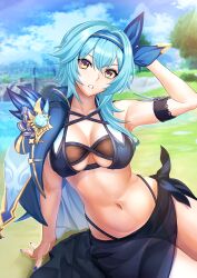 Rule 34 | 1girl, absurdres, bare shoulders, blue hair, blush, breasts, brown eyes, cleavage, eula (genshin impact), genshin impact, hairband, harukey, highres, large breasts, looking at viewer, medium hair, navel, sidelocks, solo, thighs