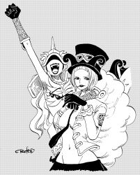 Rule 34 | 2girls, arm up, belo betty, bob cut, breasts, commentary, cowboy shot, cropped jacket, gloves, goggles, goggles on headwear, greyscale, hat, hat feather, highres, holding, holding removed eyewear, hug, jacket, jojo no kimyou na bouken, looking to the side, monochrome, multiple girls, one piece, open clothes, open jacket, open mouth, rofta 55, short hair, signature, simple background, smile, stand (jojo), unworn eyewear, wristlet