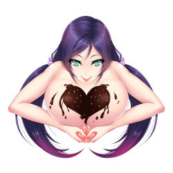 Rule 34 | 10s, 1girl, absurdres, breasts, chocolate, chocolate on body, chocolate on breasts, food on body, green eyes, highres, huge breasts, long hair, looking at viewer, love live!, love live! school idol project, mizutsuki rei, nipples, purple hair, smile, solo, tongue, tongue out, tojo nozomi, twintails, white background