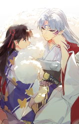 Rule 34 | armor, black hair, brown eyes, head rest, expressionless, facepaint, facial mark, forehead mark, fur, hair ribbon, highres, hug, inuyasha, japanese clothes, katana, kimono, loli bushi, long hair, looking at viewer, open mouth, pointy ears, ribbon, rin (inuyasha), robe, scabbard, sesshoumaru, sheath, sheathed, silver hair, simple background, sitting, smile, sword, weapon, white background, wide sleeves, yellow eyes