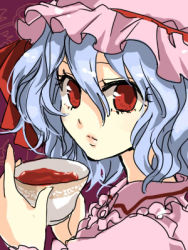 Rule 34 | 1girl, bad id, bad pixiv id, blue hair, cup, female focus, hat, lips, lowres, popoin, red eyes, remilia scarlet, solo, teacup, touhou, upper body
