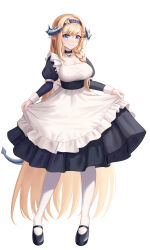 Rule 34 | 1girl, absurdres, alternate costume, apron, arknights, black choker, black dress, black footwear, blonde hair, blue eyes, blue hairband, braid, breasts, choker, cleavage, commentary, dress, enmaided, full body, gongbangmanchi (daisy cutter), hairband, highres, horns, large breasts, long hair, looking at viewer, maid, mary janes, pantyhose, saileach (arknights), shoes, simple background, single braid, skirt hold, smile, solo, standing, very long hair, white apron, white background, white pantyhose