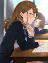 Rule 34 | 2girls, black jacket, blazer, blue sky, blurry, blurry background, brown eyes, brown hair, classroom, closed eyes, collared shirt, commentary request, desk, hirasawa yui, holding, holding pencil, jacket, k-on!, long hair, looking to the side, multiple girls, open clothes, open jacket, paper, pencil, school desk, shirt, sitting, sky, sleeping, tachibana himeko, white shirt, window, yamakonbu