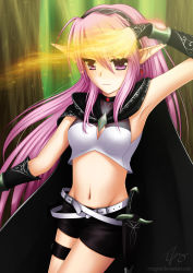 Rule 34 | 1girl, belt, black hairband, black shorts, breasts, cape, cleavage, detached sleeves, elf, groin, hair between eyes, hairband, highres, long hair, magic, midriff, navel, pink hair, pointy ears, purple eyes, ricegnat, shorts, small breasts, solo, thigh strap