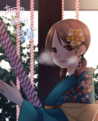 Rule 34 | 10s, 1girl, absurdres, alternate costume, breath, brown eyes, brown hair, floral print, hair ornament, highres, itomagoi, japanese clothes, jewelry, kantai collection, kimono, looking at viewer, new year, obi, open mouth, ponytail, ring, sash, shawl, shirayuki (kancolle), short hair, shrine, solo, tanaka io (craftstudio), twintails, wedding band, wedding ring