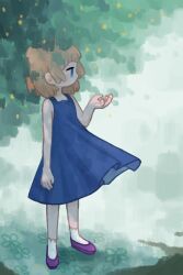Rule 34 | 1girl, absurdres, arm at side, blonde hair, blue dress, blue eyes, branch, commentary request, dress, expressionless, floating hair, flower, flower (symbol), full body, green background, hand up, highres, jitome, kubimogehina, light blush, looking to the side, no mouth, no sclera, profile, purple footwear, shoes, short dress, short hair, sleeveless, sleeveless dress, socks, solo, spaghetti strap, standing, sundress, tree, usotsuki, white socks, yellow flower, yume nisshi