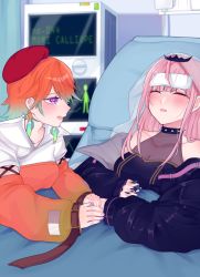 Rule 34 | 2girls, bed, beret, blanket, collaboration, crying, earrings, feather earrings, feathers, gradient hair, hat, holding hands, hololive, hololive english, hospital, hospital bed, intravenous drip, iv stand, jewelry, lisa159878, mori calliope, multicolored hair, multiple girls, on bed, orange hair, pillow, pink hair, takanashi kiara, tera (trs82341711), under covers, veil, virtual youtuber, yuri