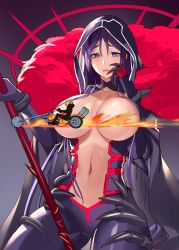 Rule 34 | 1boy, 1girl, blush, bodysuit, breasts, breasts out, censored, censored nipples, center opening, claws, cloak, cosplay, cu chulainn (fate), cu chulainn (fate) (all), cu chulainn (fate/stay night), cu chulainn alter (fate), cu chulainn alter (fate/grand order), cu chulainn alter (fate/grand order) (cosplay), cu chulainn alter (third ascension) (fate), fate/grand order, fate (series), fire, gae bolg (fate), gloves, gradient background, hand on own cheek, hand on own face, hip focus, hood, hooded cloak, lancer, large breasts, long hair, minamoto no raikou (fate), motor vehicle, motorcycle, murakami yuichi, navel, novelty censor, open mouth, parted bangs, purple background, purple bodysuit, purple eyes, purple hair, sakata kintoki (fate), sakata kintoki (rider) (fate), tears, very long hair