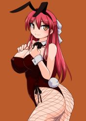 Rule 34 | 00s, 1girl, animal ears, ass, back, bare shoulders, blush, bow, breasts, brown background, detached collar, fake animal ears, fishnet pantyhose, fishnets, hair bow, highres, huge breasts, kohaku (tsukihime), leotard, long hair, looking at viewer, os-tan, pantyhose, playboy bunny, rabbit ears, rabbit tail, red hair, shiny skin, simple background, smile, solo, tail, tokihama jirou, tsukihime, wrist cuffs, yellow eyes