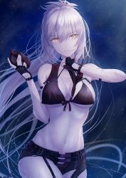 Rule 34 | 1girl, absurdres, armlet, bare shoulders, bikini, bikini top only, black bikini, black nails, black shorts, breasts, chain, cleavage, fate/grand order, fate (series), fingerless gloves, garter straps, gloves, hair between eyes, high ponytail, highres, huge filesize, jeanne d&#039;arc (fate), jeanne d&#039;arc alter (fate), jeanne d&#039;arc alter (mystery treasure) (fate), large breasts, long hair, nail polish, navel, night, night sky, official alternate costume, pale skin, parted lips, penguintake, short shorts, shorts, silver hair, sky, stomach, swimsuit, thighs, underboob, very long hair, yellow eyes