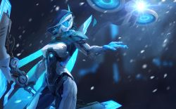 Rule 34 | 1girl, armor, ashe (league of legends), bad id, bad pixiv id, blurry, bodysuit, bow (weapon), closed mouth, contrapposto, covered navel, cowboy shot, cyborg, depth of field, drone, flying, glowing, highres, holding, holding bow (weapon), holding weapon, hood, ice, league of legends, legs apart, lens flare, light, linger ftc, looking to the side, motion blur, mu ye jin, outstretched arm, outstretched hand, pauldrons, power armor, project: ashe, shoulder armor, snowing, solo, standing, visor, weapon, white hair