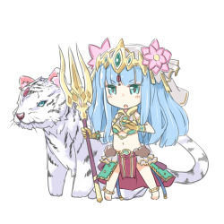 Rule 34 | &gt;:o, 1girl, :o, animal, anklet, aqua eyes, barefoot, beads, blue hair, blush, chibi, facial mark, flower, forehead mark, hair flower, hair ornament, headdress, holding, holding weapon, jewelry, long hair, lots of jewelry, lowres, navel, open mouth, parvati (p&amp;d), polearm, puzzle &amp; dragons, simple background, skirt, solo, tiara, tiger, trident, v-shaped eyebrows, weapon, white background, white tiger, yukitarou (awamori)