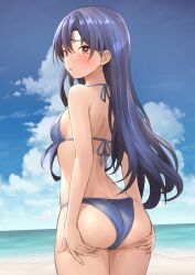 Rule 34 | 1girl, :o, absurdres, ass, ass support, b1ack illust, beach, bikini, blue bikini, blue hair, blush, breasts, butt crack, commentary, commission, dimples of venus, halterneck, hands on own ass, highres, idolmaster, idolmaster (classic), idolmaster million live!, kisaragi chihaya, looking at viewer, looking back, outdoors, pixiv commission, shoulder blades, skindentation, small breasts, solo, string bikini, swimsuit