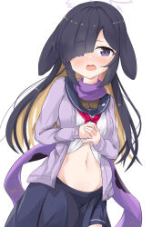 Rule 34 | 1girl, absurdres, animal ears, arms under breasts, blue archive, blue sailor collar, blush, breasts, cleavage, hair over one eye, halo, highres, hime cut, large breasts, long hair, looking at viewer, mesh, neckerchief, ninja, numahata tofu., open mouth, purple eyes, purple hair, purple halo, red neckerchief, sailor collar, school uniform, serafuku, simple background, solo, tsukuyo (blue archive), upper body, white background