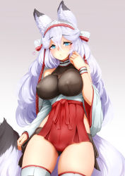 Rule 34 | 1girl, animal ear fluff, animal ears, barbariank, bare shoulders, bdsm, blue eyes, blush, bondage, bound, breast bondage, breasts, commentary, covered erect nipples, detached sleeves, english commentary, fox ears, fox tail, hairband, heart, heart-shaped pupils, highres, hip vent, large breasts, light purple hair, long hair, meyeri (barbariank), original, ribbon, shibari, shibari over clothes, solo, symbol-shaped pupils, tail, thighhighs, upper body, very long hair, wristband