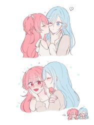 ! 2girls blue_eyes blue_hair blush closed_mouth clothing_cutout commentary fang hand_on_another&#039;s_cheek hand_on_another&#039;s_face hand_on_another&#039;s_shoulder heart highres hinomori_shizuku kiss kissing_cheek lipstick_mark lipstick_mark_on_face long_hair long_sleeves mole mole_under_mouth momoi_airi multiple_girls noon_nerve one_eye_closed pink_eyes pink_hair pink_shirt project_sekai shirt shoulder_cutout simple_background spoken_exclamation_mark sweatdrop two_side_up white_background white_shirt yuri