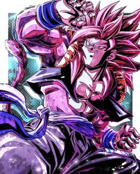 Rule 34 | absurdres, arm up, blue sash, clenched hand, clenched hands, dragon ball, dragon ball gt, fighting stance, fusion, fusion dance, gogeta, hand up, highres, male focus, metamoran vest, monkey boy, monkey tail, open hand, outside border, red fur, red hair, sash, smile, smirk, solo, spiked hair, standing, super saiyan, super saiyan 4, tail, ushi (akabec0)