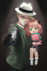 Rule 34 | 1boy, 1girl, absurdres, ahoge, anya (spy x family), black hair, blonde hair, carrying, carrying person, child, dress, elocca, father and daughter, green eyes, gun, hairband, highres, pink hair, smoke, smoking gun, spy x family, stuffed animal, stuffed toy, twilight (spy x family), weapon