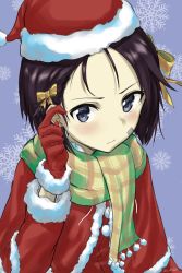 Rule 34 | 1girl, alternate costume, black eyes, black hair, blush, brave witches, capelet, fankupl, fur-trimmed capelet, fur trim, hair ribbon, highres, kanno naoe, looking at viewer, ribbon, santa costume, scarf, scratching cheek, short hair, snowflake background, solo, swimsuit, swimsuit under swimsuit, twitter username, world witches series, yellow ribbon