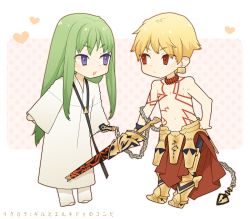 Rule 34 | 2boys, armor, bad id, bad pixiv id, blonde hair, blue eyes, chibi, ea (fate/stay night), enkidu (fate), fate/stay night, fate/strange fake, fate (series), full body, gilgamesh (fate), green hair, harano (shirohata), heart, long hair, male focus, multiple boys, open mouth, red eyes, short hair, simple background, smile, sword, topless male, trap, weapon, white background