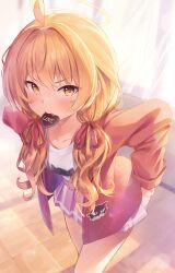 Rule 34 | 1girl, absurdres, ahoge, blonde hair, blue archive, blush, candy, chocolate, chocolate heart, feet out of frame, food, halo, heart, highres, jacket, jiyasu, long hair, long sleeves, looking at viewer, mouth hold, open clothes, open jacket, pink skirt, pleated skirt, red jacket, skirt, solo, twintails, yellow eyes, yellow halo, yoshimi (blue archive)