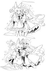 Rule 34 | 2girls, angel wings, anger vein, animal ear fluff, animal ears, biting, blue archive, blush, capelet, cardigan, cheek pinching, cross halo, crying, crying with eyes open, dress, feathered wings, flower wreath, forehead, fox ears, greyscale, halo, highres, long hair, low wings, mika (blue archive), monochrome, multiple girls, pinching, scrunchie, seia (blue archive), skirt, sleeve bow, sleeves past fingers, sleeves past wrists, spoken anger vein, tea party (blue archive), tears, very long hair, white cardigan, white dress, wings, wrist scrunchie, yun (dust-i1)