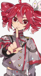 Rule 34 | 1girl, ahoge, buttons, closed mouth, commentary request, double-breasted, drill hair, grey jacket, hair between eyes, hair ribbon, highres, index finger raised, jacket, kasane teto, kasane teto (sv), kawasaki (kwsk 8765), long sleeves, pink trim, red eyes, red hair, ribbon, simple background, solo, synthesizer v, twin drills, upper body, utau, white background, white ribbon