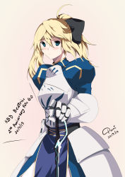 Rule 34 | 1girl, absurdres, armor, armored dress, artoria pendragon (all), artoria pendragon (fate), beatrice waltrud von kircheisen, blonde hair, breasts, cosplay, crossover, dated, dies irae, fate/stay night, fate (series), gauntlets, green eyes, highres, medium breasts, pornpojbeatrice, saber (fate), saber (fate) (cosplay), shinza bansho series, solo, weapon