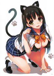 Rule 34 | absurdres, all fours, animal ears, arm support, bikini, bikini under clothes, black bikini, black hair, blush, bow, bowtie, breasts, brown eyes, cat ears, cat tail, cleavage, fake animal ears, full body, hairband, highres, kneeling, large breasts, loafers, long hair, open clothes, open shirt, paw pose, plaid, plaid skirt, pleated skirt, scan, school uniform, serafuku, shirt, shoes, skirt, smile, socks, solo, swimsuit, tail, tomose shunsaku, white socks