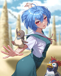 :d absurdres ahoge animal animal_on_arm ayanami_rei bird bird_on_arm blue_hair blue_skirt blue_sky blurry blurry_background blush bow bowtie breasts chick cloud commentary dancing depth_of_field dress_shirt eyelashes floating_hair highres holding holding_animal holding_bird kaze_no_tani_no_nausicaa loose_hair_strand medium_breasts name_tag neck_ribbon neon_genesis_evangelion open_mouth outstretched_arms penguin penpen red_bow red_bowtie red_ribbon ribbon scene_reference school_uniform shirt short_hair short_sleeves skirt sky smile spinning spread_fingers suspender_skirt suspenders tokyo-3_middle_school_uniform white_shirt yahha