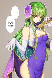 Rule 34 | 1girl, blush, breasts, c.c., china dress, chinese clothes, cleavage, clothes lift, code geass, creayus, dress, elbow gloves, flower, gloves, green hair, hair flower, hair ornament, hand fan, hard-translated, holding, long hair, looking at viewer, no panties, paper fan, shiny skin, shirt lift, simple background, solo, third-party edit, translated, twitter username, white gloves, yellow eyes
