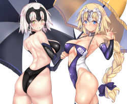 Rule 34 | 2girls, arched back, argyle, argyle clothes, argyle cutout, ass, bare shoulders, blonde hair, blue bow, blue eyes, blue leotard, blush, bow, braid, breasts, chain, character name, cleavage, cleavage cutout, closed mouth, clothing cutout, collar, commentary request, detached sleeves, fate/apocrypha, fate/grand order, fate (series), hair bow, hand up, headpiece, highres, hip focus, jeanne d&#039;arc (fate), jeanne d&#039;arc (ruler) (fate), jeanne d&#039;arc alter (avenger) (fate), jeanne d&#039;arc alter (fate), large breasts, leotard, long braid, long hair, looking at viewer, looking to the side, metal collar, multiple girls, parasol, race queen, short hair, silver hair, simple background, single braid, smile, thighs, umbrella, untue, very long hair, waving, white background, yellow eyes