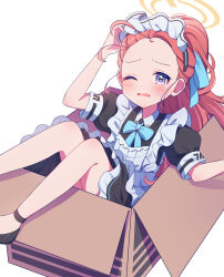Rule 34 | 1girl, ;o, absurdres, adjusting hair, apron, blue archive, blue bow, blue bowtie, bow, bowtie, box, cardboard box, commentary request, forehead, frilled apron, frills, hair bow, hair ribbon, halo, highres, in box, in container, long hair, looking at viewer, lying, maid, maid apron, maid headdress, official alternate costume, official alternate hairstyle, on back, one eye closed, parted lips, ponytail, punapuraaa, purple eyes, red hair, ribbon, short sleeves, sidelocks, simple background, solo, tearing up, white apron, yuzu (blue archive), yuzu (maid) (blue archive)