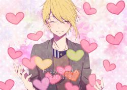 Rule 34 | 1boy, blonde hair, blush, brown jacket, brown shirt, closed eyes, collarbone, commentary request, dated, hanamame, happy birthday, heart, highres, jacket, jewelry, male focus, necklace, niconico, senra (niconico), shirt, short hair, smile, solo, upper body, utaite