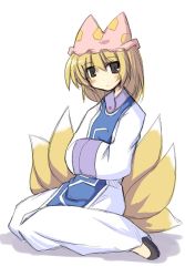 Rule 34 | 1girl, animal hat, blonde hair, blush, dress, female focus, fox tail, frills, full body, hands in opposite sleeves, hat, highres, long sleeves, looking at viewer, mob cap, multiple tails, mob cap, shoes, sitting, solo, surcoat, tabard, tail, touhou, white background, white dress, wide sleeves, yakumo ran, yokozuwari