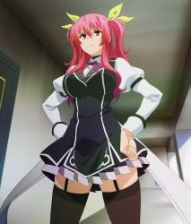 Rule 34 | 10s, 1girl, angry, black thighhighs, blurry, breasts, building, cowboy shot, depth of field, female focus, garter straps, hair ornament, hands on own hips, highres, large breasts, long sleeves, pink hair, pleated skirt, puffy long sleeves, puffy sleeves, rakudai kishi no cavalry, red eyes, ribbon, school uniform, screencap, skindentation, skirt, solo, standing, stella vermillion, thighhighs, thighs, two side up
