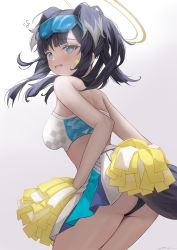 Rule 34 | 1girl, absurdres, animal ears, ass, bare back, bare shoulders, blue archive, blue eyes, blush, dog ears, dog girl, dog tail, dubeaduver, halo, hibiki (blue archive), hibiki (cheer squad) (blue archive), highres, looking at viewer, mechanical halo, midriff, millennium cheerleader outfit (blue archive), panties, pantyshot, pom pom (cheerleading), short hair, simple background, solo, star sticker, tail, underwear, white background