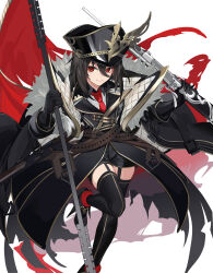 Rule 34 | 1girl, absurdres, belt, black coat, black footwear, black gloves, black hair, black hat, black shorts, black thighhighs, boots, coat, commission, fur trim, garter straps, gloves, gold trim, gun, hair between eyes, hat, highres, holding, holding gun, holding polearm, holding weapon, leg up, long sleeves, looking at viewer, medium hair, military, military hat, military uniform, multiple belts, necktie, open clothes, open coat, original, peaked cap, polearm, red eyes, short shorts, shorts, skeb commission, smile, solo, takehana note, thighhighs, uniform, weapon, wing collar