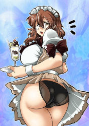 Rule 34 | 1girl, ass, black panties, bow, breasts, brown hair, cherry, chocolate, curvy, female focus, food, fruit, glasses, headdress, holding, huge breasts, ice cream, looking back, maid, maid headdress, open mouth, panties, shisoworld, skirt, solo, standing, sundae, tray, underwear, upskirt, wrist cuffs, yellow eyes