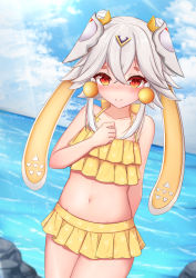 Rule 34 | 1girl, absurdres, bare arms, bare shoulders, bikini, blue sky, blush, character request, closed mouth, cloud, cloudy sky, collarbone, commentary request, day, double bun, grey hair, hair between eyes, hair bun, hand up, headgear, highres, horizon, looking at viewer, navel, nezumi (09261377), nose blush, ocean, outdoors, red eyes, ruby (tower of fantasy), short eyebrows, sky, smile, solo, swimsuit, thick eyebrows, tower of fantasy, water, yellow bikini