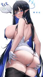 Rule 34 | 1girl, ass, ass grab, bare shoulders, black-framed eyewear, black hair, blue archive, blue eyes, blue hair, blush, breasts, breasts out, clothes pull, cowboy shot, dress, earrings, elf, from behind, giga-tera, glasses, gloves, grabbing own ass, hair between eyes, halo, highres, jewelry, large breasts, long hair, looking at viewer, looking back, mole, multicolored hair, off shoulder, open mouth, panties, pantyhose, pantyhose pull, parted lips, pointy ears, rin (blue archive), semi-rimless eyewear, sideboob, simple background, solo, sweat, thighs, thong, underwear, very long hair, weighing scale, weight conscious, white background, white gloves, white panties