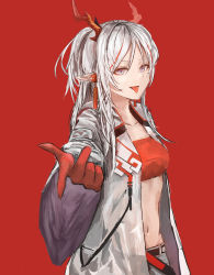 Rule 34 | 1girl, :p, absurdres, arknights, bandeau, breasts, collarbone, commentary request, half updo, highres, horns, jacket, long hair, looking at viewer, medium breasts, midriff, navel, nian (arknights), open clothes, open jacket, pointy ears, red background, red eyes, silver hair, simple background, smile, solo, stomach, strapless, tongue, tongue out, tube top, upper body, uzurako, white jacket