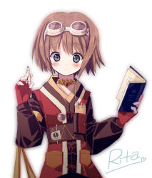 Rule 34 | 00s, 1girl, blush, bob cut, book, brown hair, character name, fingerless gloves, gloves, goggles, goggles on head, green eyes, looking at viewer, red gloves, rita mordio, short hair, simple background, solo, tales of (series), tales of vesperia, tsukigami runa, white background