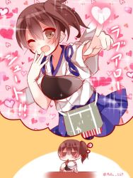 Rule 34 | 1girl, ;d, brown hair, chopsticks, food, hair between eyes, heart, imagining, japanese clothes, jitome, kaga (kancolle), kantai collection, long hair, love live!, love live! school idol project, mogu (au1127), muneate, one eye closed, open mouth, parody, rice, rice bowl, side ponytail, skirt, smile, solo, thought bubble, translation request, twitter username