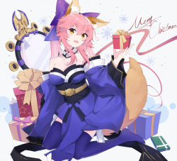 Rule 34 | 1girl, animal ear fluff, animal ears, bare shoulders, blue kimono, blue ribbon, blue thighhighs, box, breasts, collarbone, commentary, commentary request, detached sleeves, fate/extra, fate (series), fox ears, fox girl, fox tail, gift, gift box, hair ribbon, ieufg, japanese clothes, kimono, large breasts, looking away, merry christmas, mirror, pink hair, ribbon, solo, suiten nikkou amaterasu yanoshisu ishi, tail, tamamo (fate), tamamo no mae (fate/extra), thighhighs, yellow eyes