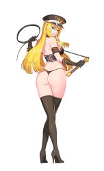 Rule 34 | 1girl, absurdres, ass, black footwear, black gloves, blonde hair, blue eyes, boots, bustier, commentary request, commission, dominatrix, dungeon and fighter, elbow gloves, female gunner (dungeon and fighter), from behind, full body, gloves, hat, high heel boots, high heels, highres, holding, holding weapon, kim jin sung, lips, long hair, long legs, looking at viewer, looking back, maria tr, parted lips, peaked cap, shiny clothes, shiny skin, smile, thigh boots, thighhighs, thighs, thong, transparent background, weapon, whip
