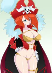 Rule 34 | 10s, 1girl, artist name, blue eyes, breasts, falkeart, fur trim, gloves, hand on own hip, hat, highres, lalaco godspeed, large breasts, maebari, mature female, navel, pirate, pirate hat, red gloves, red hair, self-upload, solo, uchuu patrol luluco, white gloves