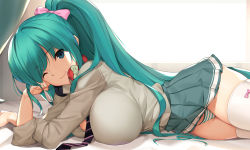 Rule 34 | 1girl, ;), alternate breast size, alternate hairstyle, aqua eyes, aqua hair, bow, bow legwear, breasts, commentary, dakimakura (medium), english commentary, grey shirt, hatsune miku, headphones, headphones around neck, indoors, large breasts, looking at viewer, lying, necktie, on side, one eye closed, panties, pink bow, pleated skirt, ponytail, shirt, skirt, smile, solo, striped clothes, striped panties, thighhighs, tony guisado, underwear, vocaloid, white thighhighs