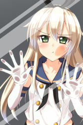 Rule 34 | 10s, 1girl, :t, against glass, blonde hair, cheek squash, elbow gloves, flat chest, gloves, green eyes, hair ribbon, jiino, kantai collection, long hair, looking at viewer, pout, ribbon, shimakaze (kancolle), solo
