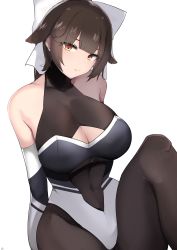 Rule 34 | 1girl, absurdres, azur lane, bare shoulders, black hair, black pantyhose, bow, breasts, brown eyes, cellphone, chiru (218mg), cleavage, cleavage cutout, clothing cutout, commentary request, cowboy shot, elbow gloves, gloves, hair bow, highres, large breasts, leotard, long hair, looking at viewer, pantyhose, phone, ponytail, race queen, simple background, sitting, solo, takao (azur lane), takao (full throttle charmer) (azur lane), turtleneck, two-tone leotard, white background, white bow